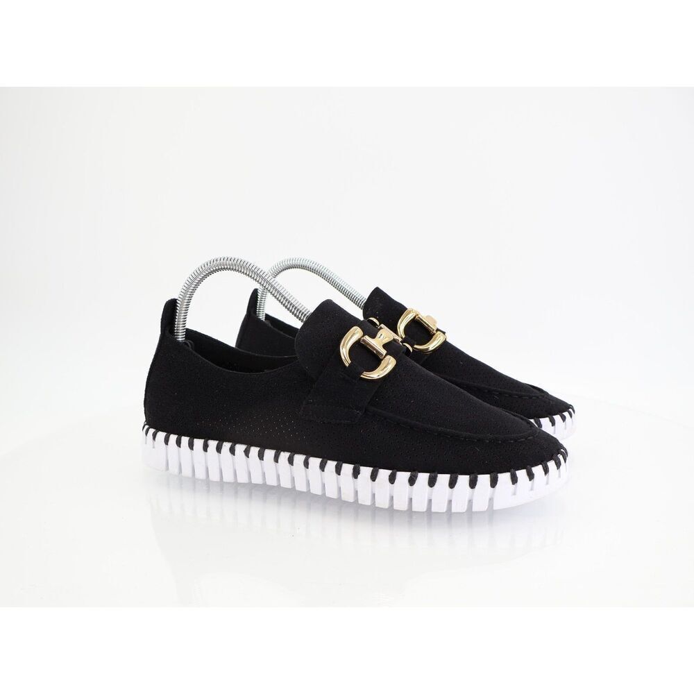 Ilse Jacobsen Black Suede Loafers with Gold Buckle